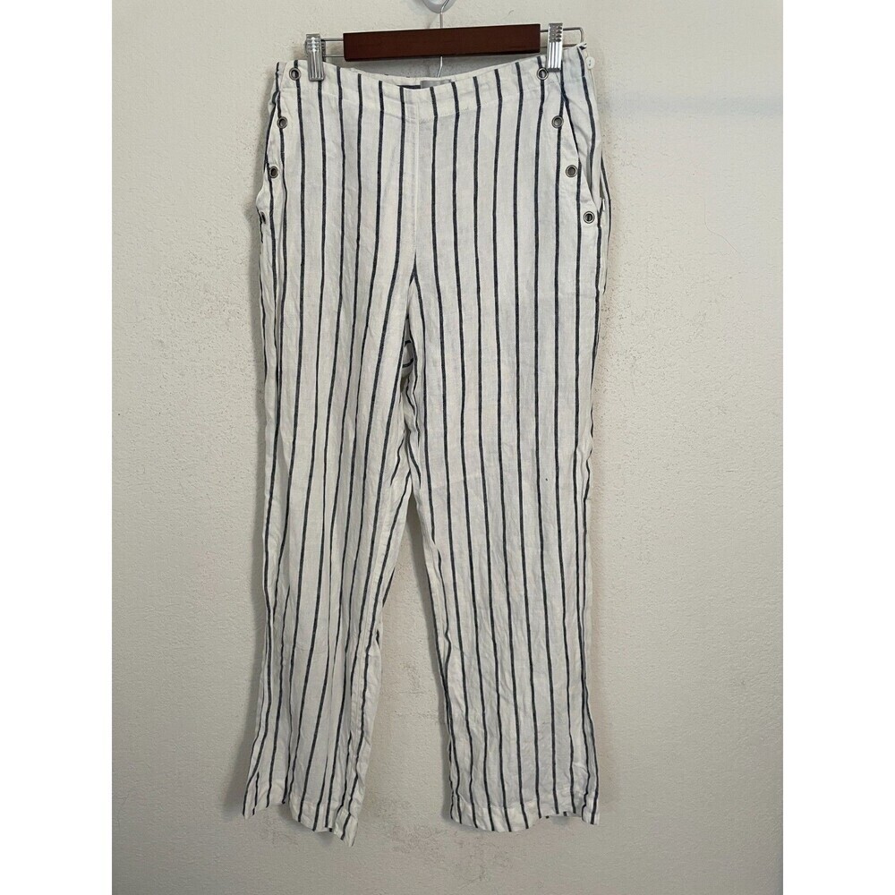 Chico’s Women’s Linen Wide Leg Pants Size 1 (8) White Navy Stripe Coastal